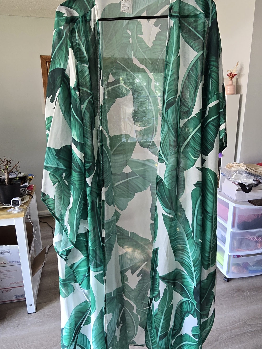Green Tropical Leaf Sheer Kimono Cover-Up